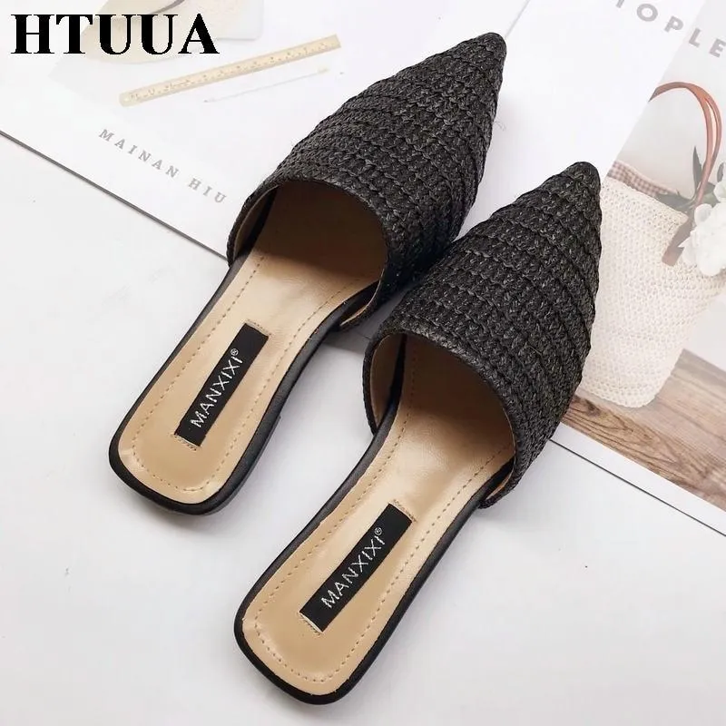 Slippers Fashion Pointed Toe Weave Mules Flat Slides Shoes