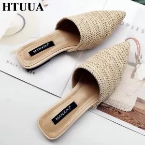 Slippers Fashion Pointed Toe Weave Mules Flat Slides Shoes