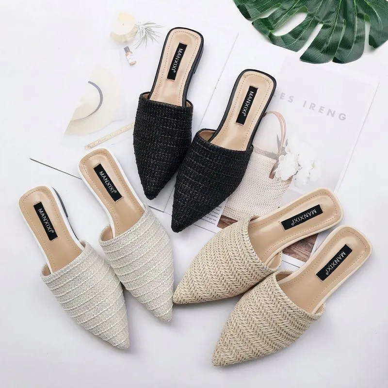 Slippers Fashion Pointed Toe Weave Mules Flat Slides Shoes