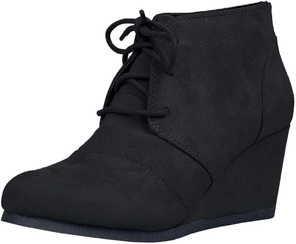 Soda “REX” ~ Women Lace Up Rounded Toe Low Wedge Ankle Bootie