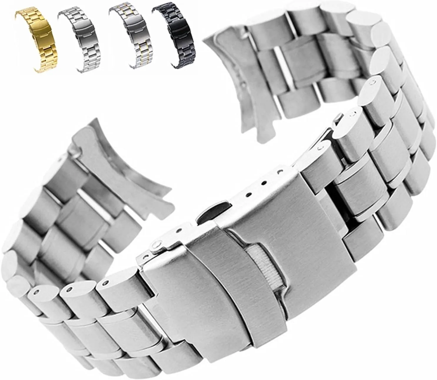 Stainless Steel Watch Band Strap Wristband Curved End Watch Strap Double Lock Buckle Replacement Wrist Belt