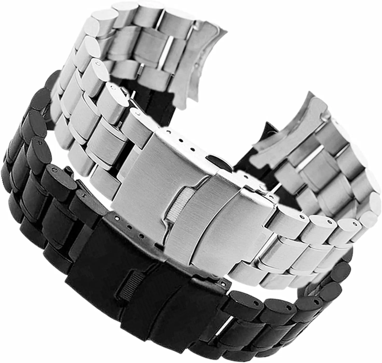 Stainless Steel Watch Band Strap Wristband Curved End Watch Strap Double Lock Buckle Replacement Wrist Belt
