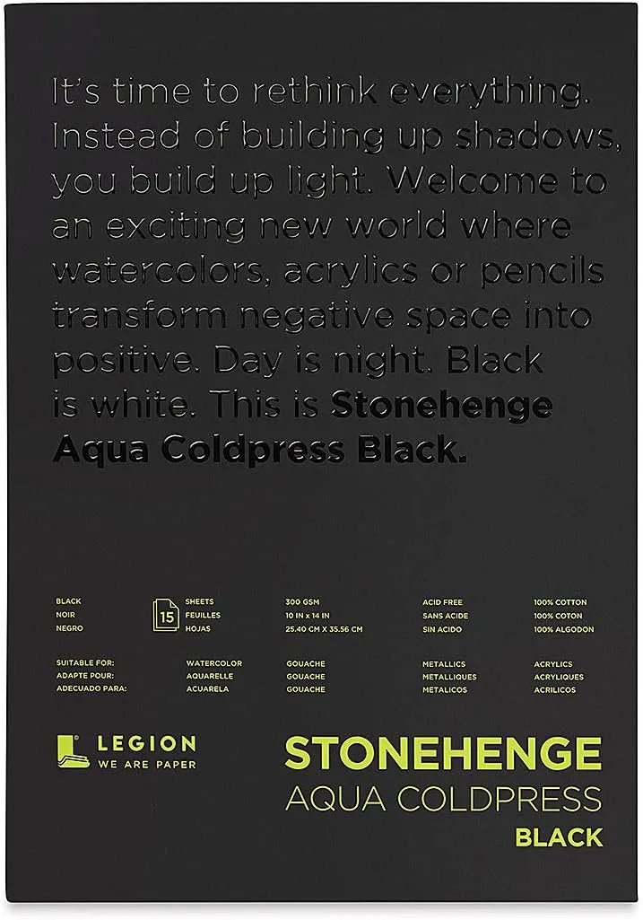 Stonehenge Aqua Black Medium Weight Medium Weight Pad, 140lb, Coldpress, 10 x 14 Inches, 15 Sheets for Wet and Dry Media