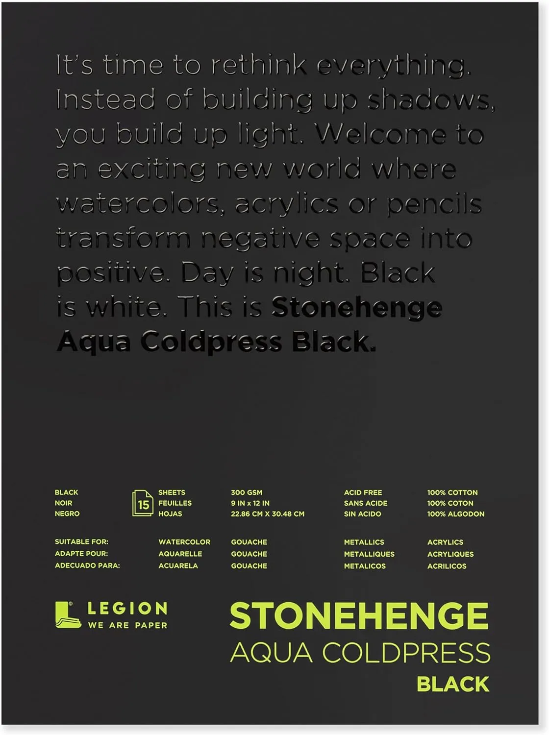Stonehenge Aqua Black Medium Weight Pad, 140lb, Coldpress, 9 x 12 Inches, 15 Sheets for Wet and Dry Media