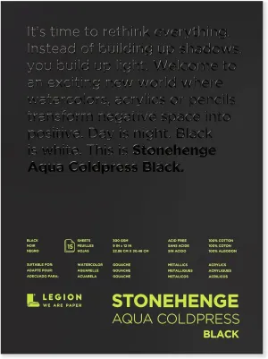 Stonehenge Aqua Black Medium Weight Pad, 140lb, Coldpress, 9 x 12 Inches, 15 Sheets for Wet and Dry Media