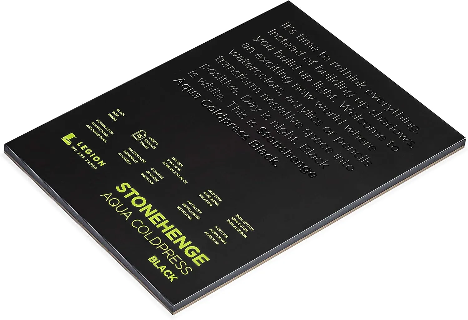 Stonehenge Aqua Black Medium Weight Pad, 140lb, Coldpress, 9 x 12 Inches, 15 Sheets for Wet and Dry Media