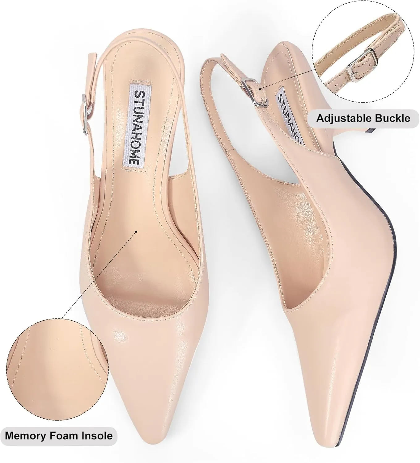 STUNAHOME Slingback Heels for Women Closed Pointed Toe Kitten Pumps Fashion Low Heel Wedding Casual Dress Shoes, Nude