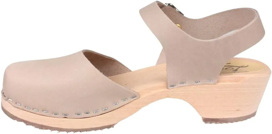 Swedish Low Wood Clog Sandal for Women | Low Heel Mary Jane Style Wooden Clogs Handcrafted in Sweden | Alder Wood Base and Oiled Nubuck Leather | Oatmeal