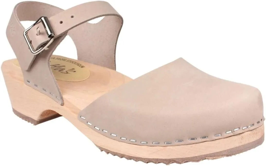 Swedish Low Wood Clog Sandal for Women | Low Heel Mary Jane Style Wooden Clogs Handcrafted in Sweden | Alder Wood Base and Oiled Nubuck Leather | Oatmeal