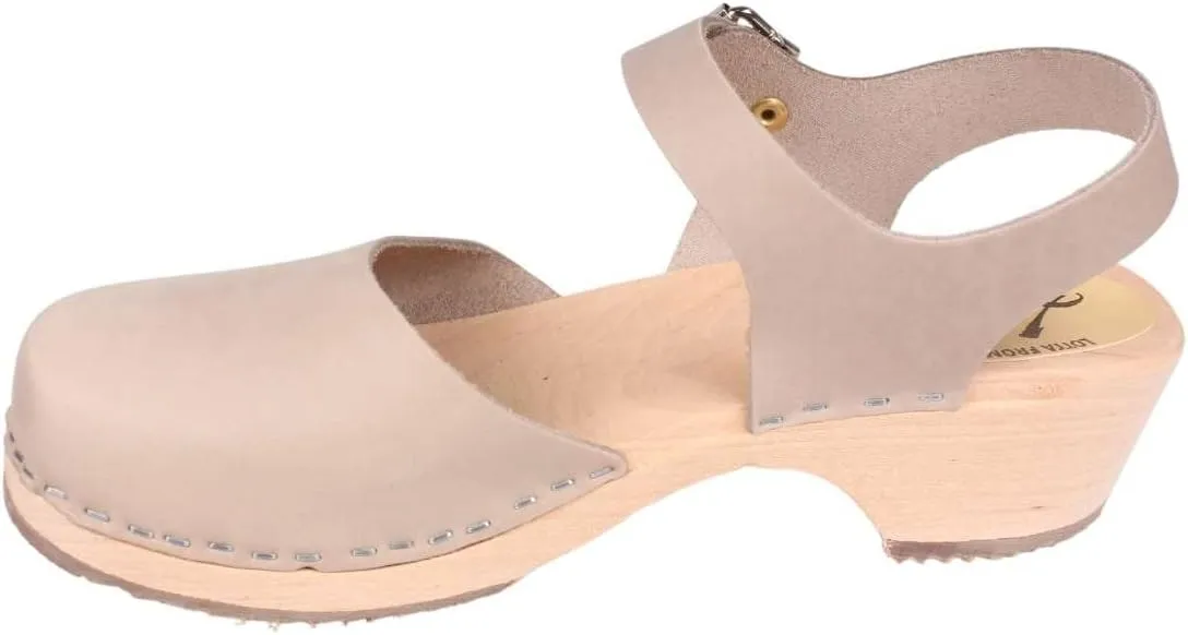 Swedish Low Wood Clog Sandal for Women | Low Heel Mary Jane Style Wooden Clogs Handcrafted in Sweden | Alder Wood Base and Oiled Nubuck Leather | Oatmeal