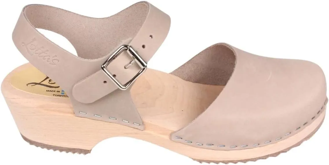 Swedish Low Wood Clog Sandal for Women | Low Heel Mary Jane Style Wooden Clogs Handcrafted in Sweden | Alder Wood Base and Oiled Nubuck Leather | Oatmeal