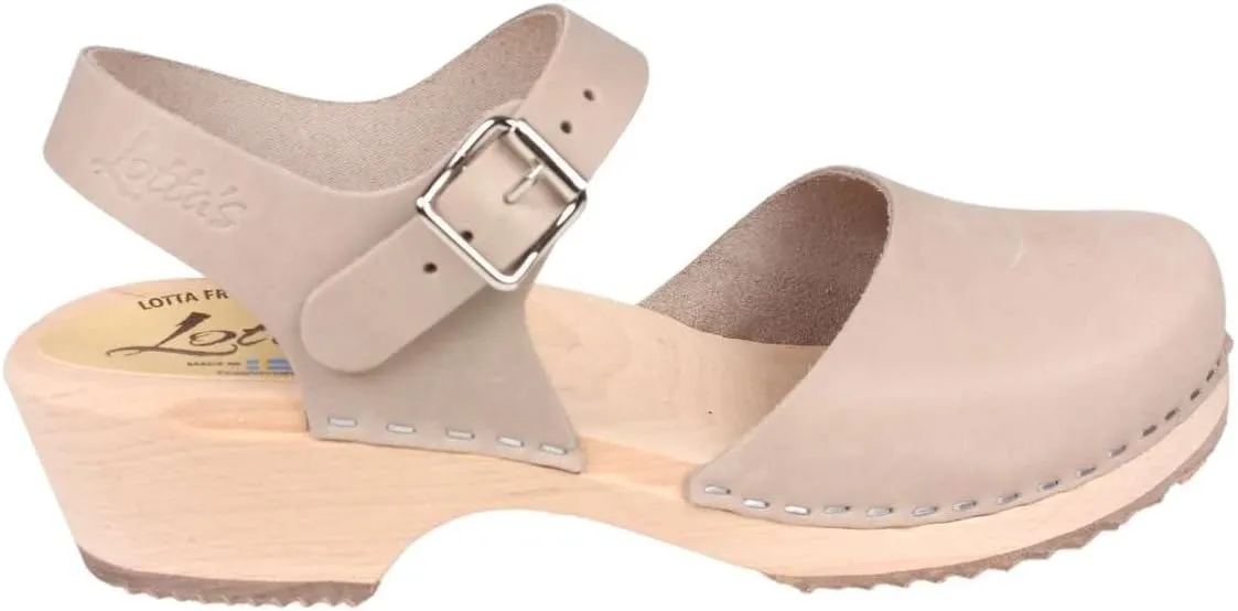 Swedish Low Wood Clog Sandal for Women | Low Heel Mary Jane Style Wooden Clogs Handcrafted in Sweden | Alder Wood Base and Oiled Nubuck Leather | Oatmeal