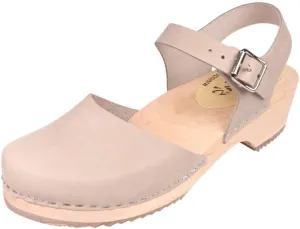 Swedish Low Wood Clog Sandal for Women | Low Heel Mary Jane Style Wooden Clogs Handcrafted in Sweden | Alder Wood Base and Oiled Nubuck Leather | Oatmeal