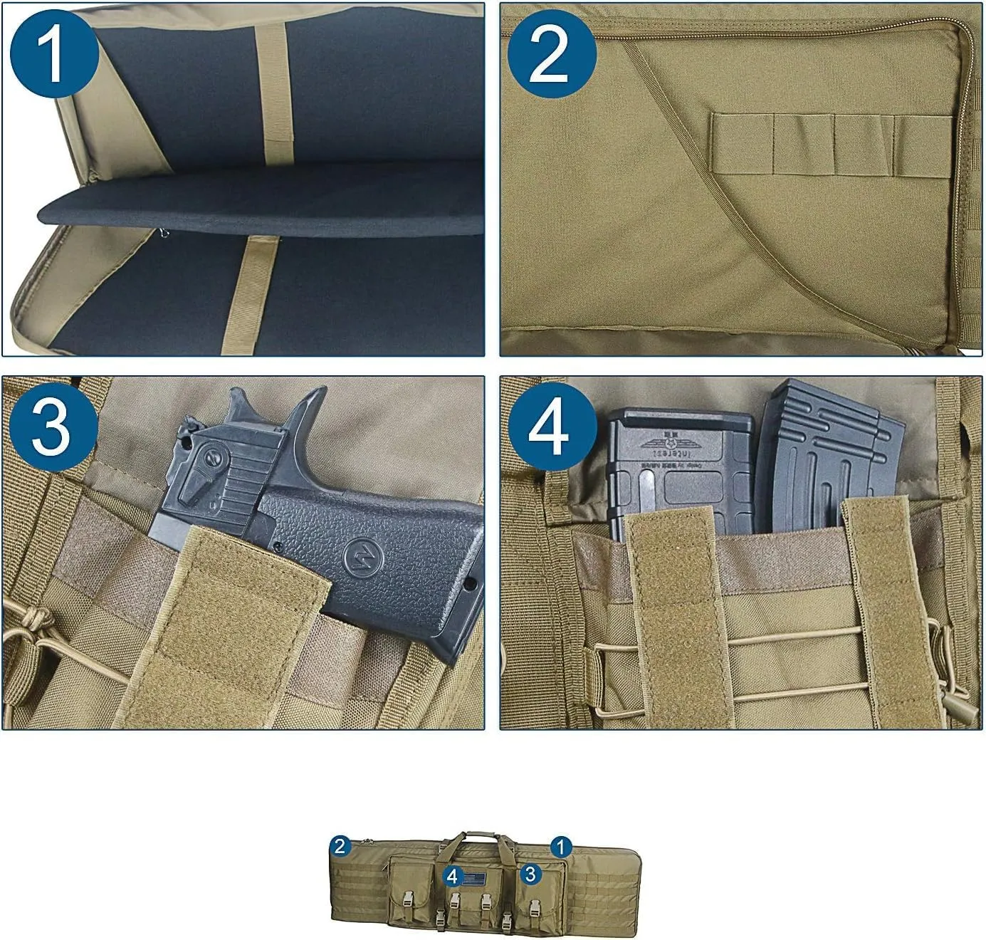 Tactical Double Long Gun Bag Case Backpack w/Pistol Handgun Case,Lockable Zipper Padded Side Carry Strap for Shooting Range Sports Storage and Transport Hunting