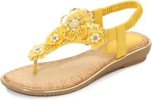 Thong Sandals for Women Ankle Strap,Flat Thong Sandals with T-Strap and Adjustable Ankle Buckle for Women Yellow