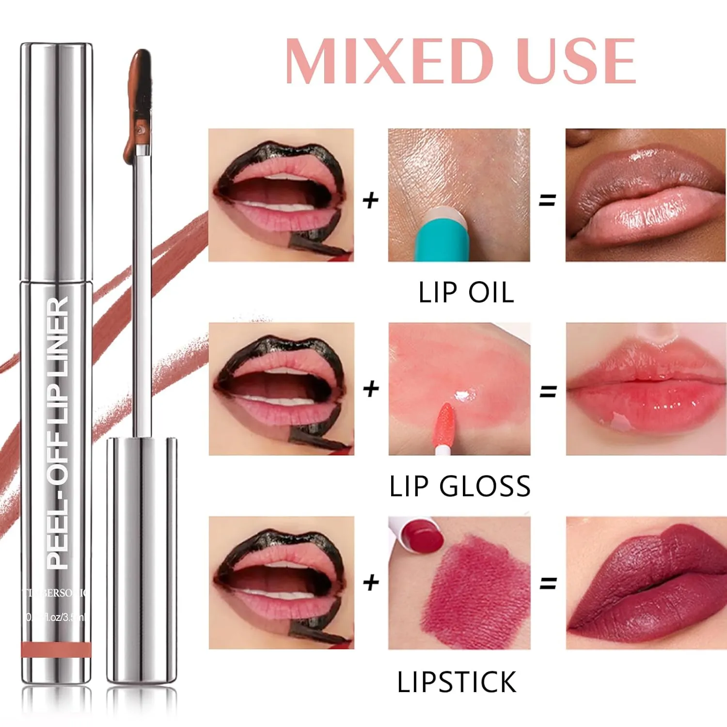Timbersonic Peel off Lip Liner, Timbersonic Peel off Lip Stain, 8 Colors Lip Stain Peel off Tint Tattoo Color Waterproof Long-Lasting, No Smudging, Non-Stick Cup (#01 02 03)