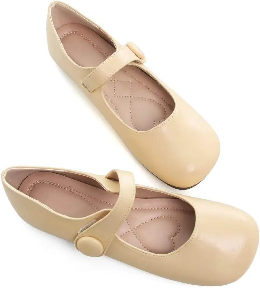 TN TANGNEST Women's Ballet Flats Retro Mary Jane Shoes for Women Cute Square Toe Buckle Dress Flats Soft Work Flats