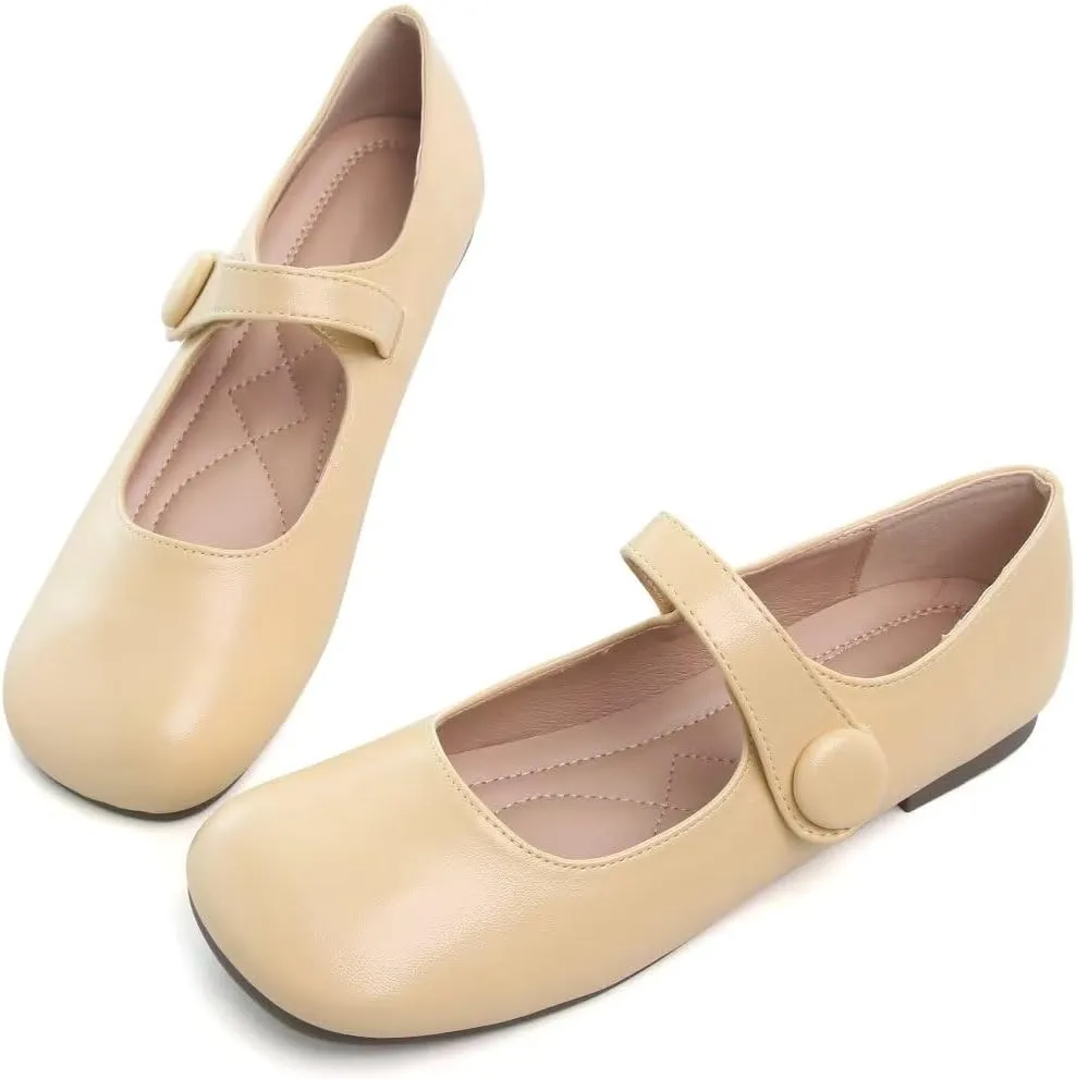 TN TANGNEST Women's Ballet Flats Retro Mary Jane Shoes for Women Cute Square Toe Buckle Dress Flats Soft Work Flats