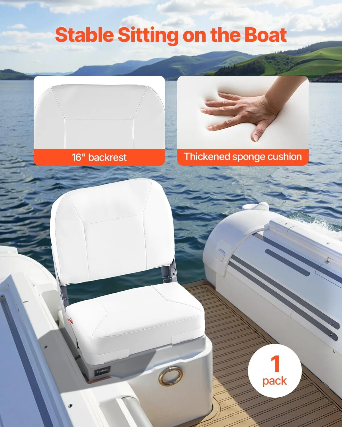 VEVOR Boat Seat, Low Backrest, Folding Fishing Boat Seat with Thickened Sponge Cushion & Waterproof PVC Leather, Aluminum Alloy Hinges, Flip Up Boat Seat for Fishing Boats, Yachts, Ships, White