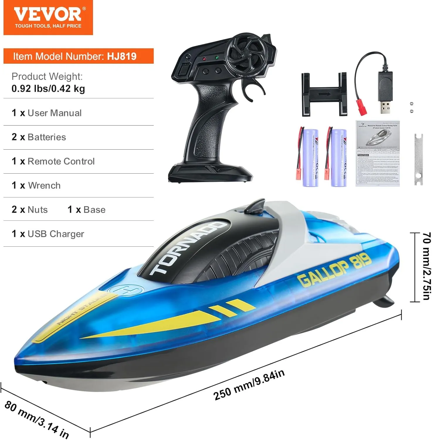 VEVOR RC Boat for Kids, Remote Control Boat for Pools & Lakes, Racing Boat with LED Light & 2 Rechargeable Batteries, Whole Body Waterproof, Water Play Toy Gift for Adults Boys & Girls
