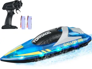 VEVOR RC Boat for Kids, Remote Control Boat for Pools & Lakes, Racing Boat with LED Light & 2 Rechargeable Batteries, Whole Body Waterproof, Water Play Toy Gift for Adults Boys & Girls