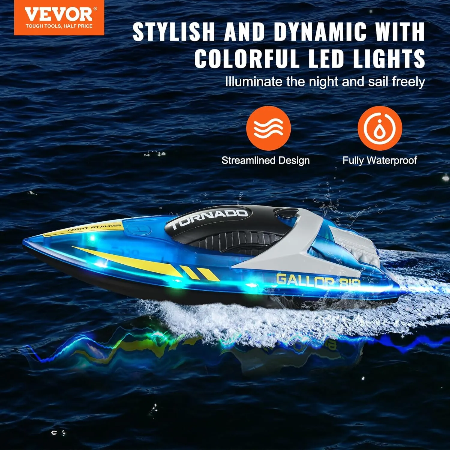 VEVOR RC Boat for Kids, Remote Control Boat for Pools & Lakes, Racing Boat with LED Light & 2 Rechargeable Batteries, Whole Body Waterproof, Water Play Toy Gift for Adults Boys & Girls