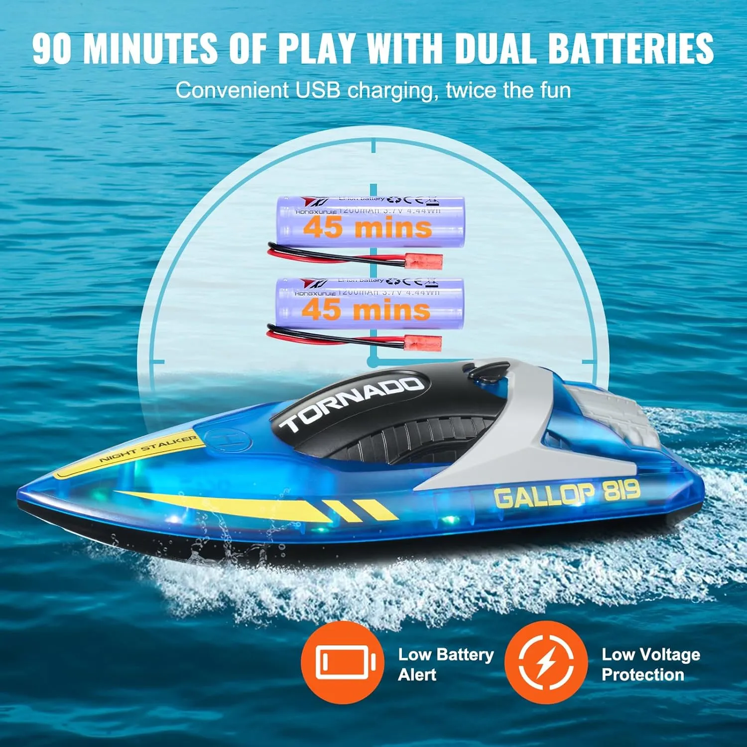 VEVOR RC Boat for Kids, Remote Control Boat for Pools & Lakes, Racing Boat with LED Light & 2 Rechargeable Batteries, Whole Body Waterproof, Water Play Toy Gift for Adults Boys & Girls