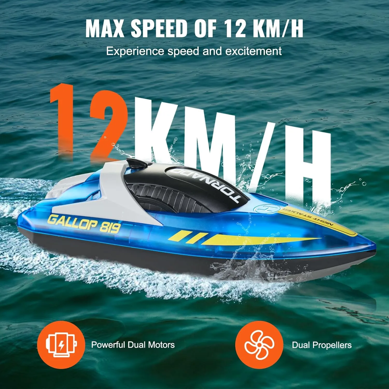 VEVOR RC Boat for Kids, Remote Control Boat for Pools & Lakes, Racing Boat with LED Light & 2 Rechargeable Batteries, Whole Body Waterproof, Water Play Toy Gift for Adults Boys & Girls