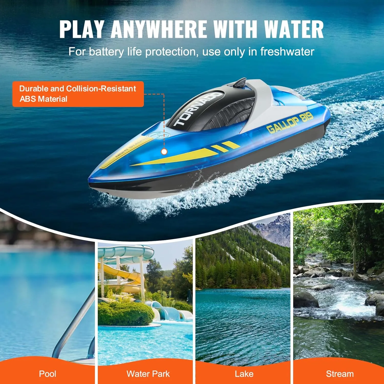 VEVOR RC Boat for Kids, Remote Control Boat for Pools & Lakes, Racing Boat with LED Light & 2 Rechargeable Batteries, Whole Body Waterproof, Water Play Toy Gift for Adults Boys & Girls