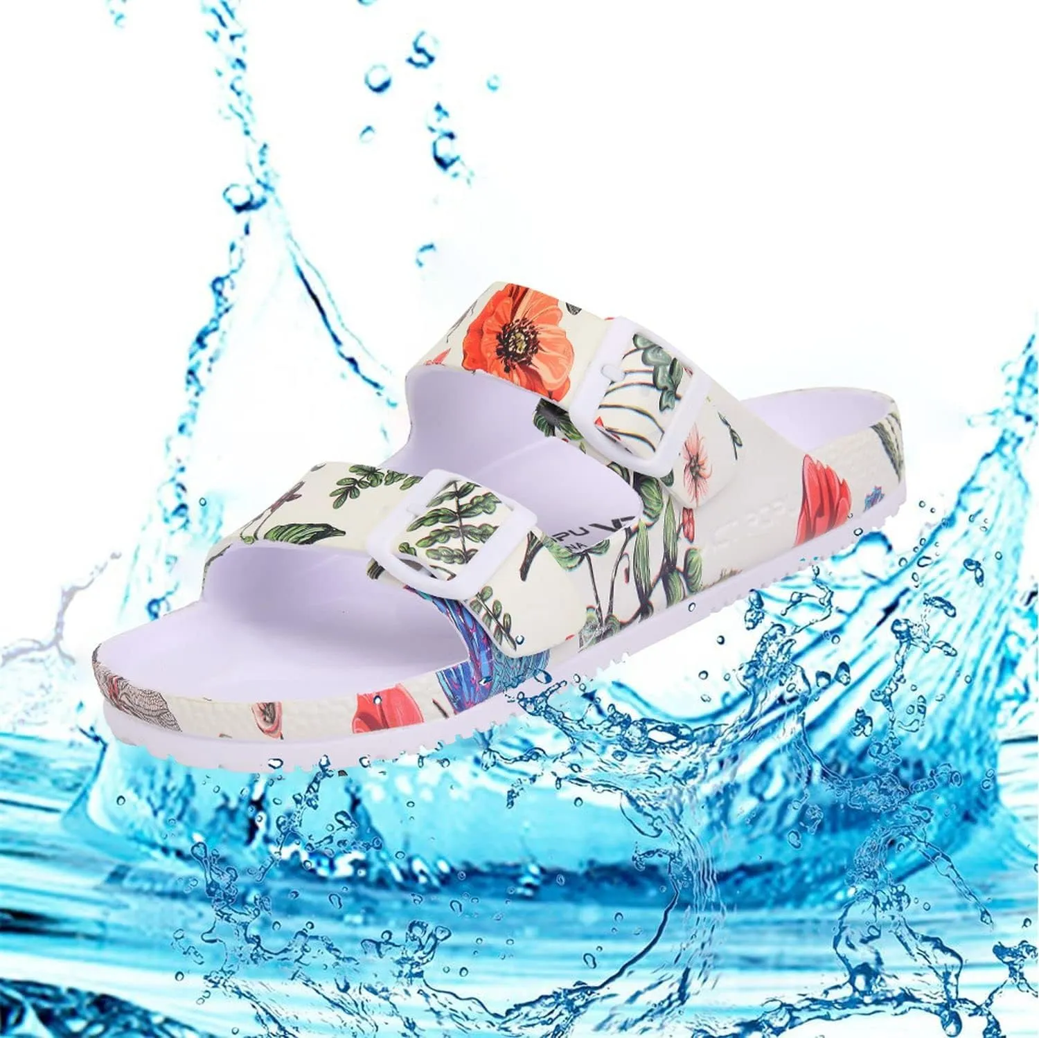 VICT POPU Womens Sandals Adjustable Double Buckle Strap Waterproof EVA Flat Slides