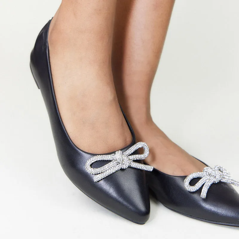 Vivienne Crystal Bow Flats in Black Leather