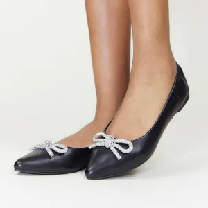 Vivienne Crystal Bow Flats in Black Leather