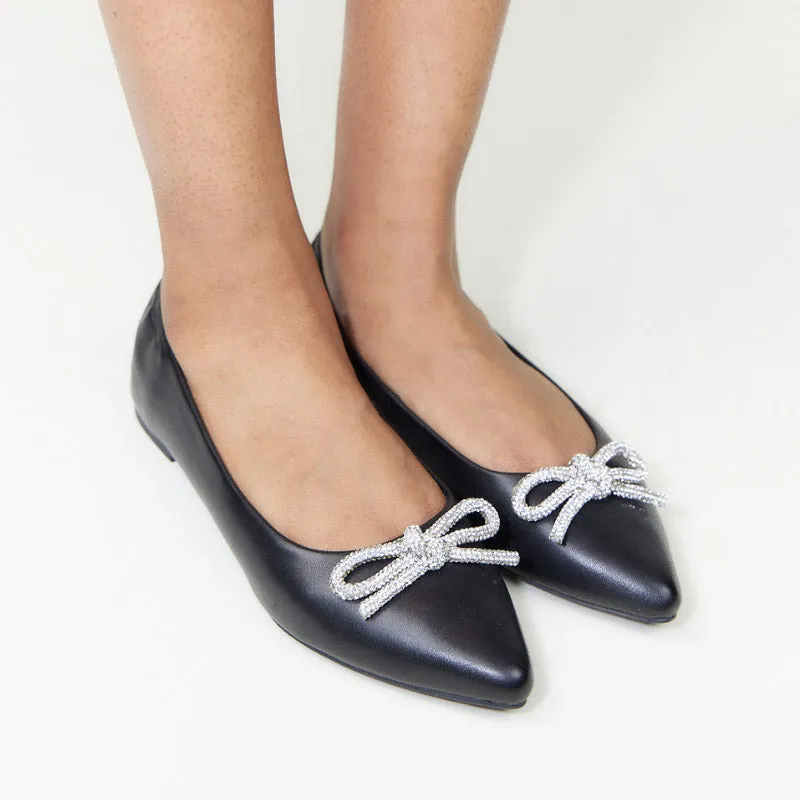 Vivienne Crystal Bow Flats in Black Leather