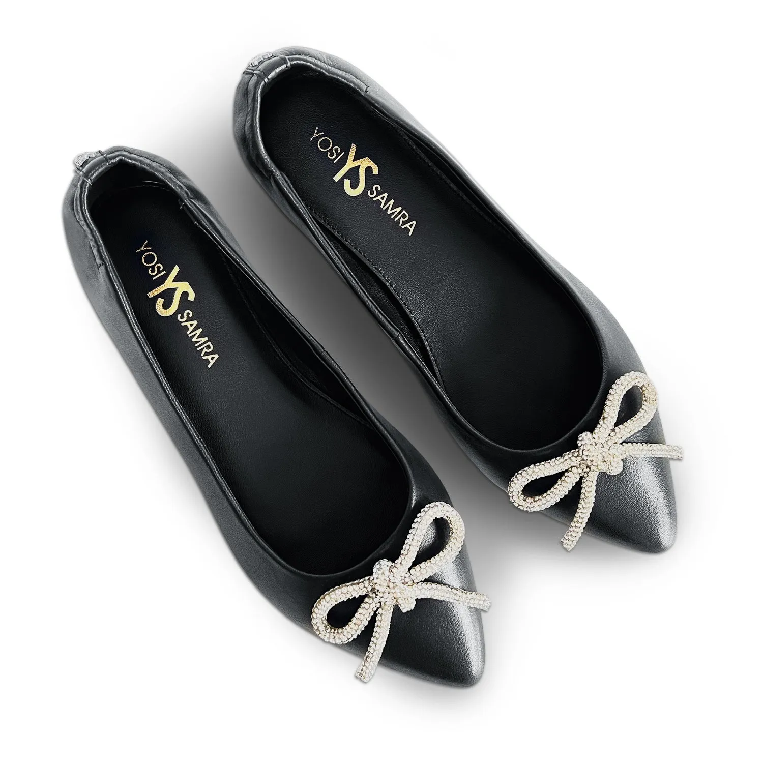 Vivienne Crystal Bow Flats in Black Leather