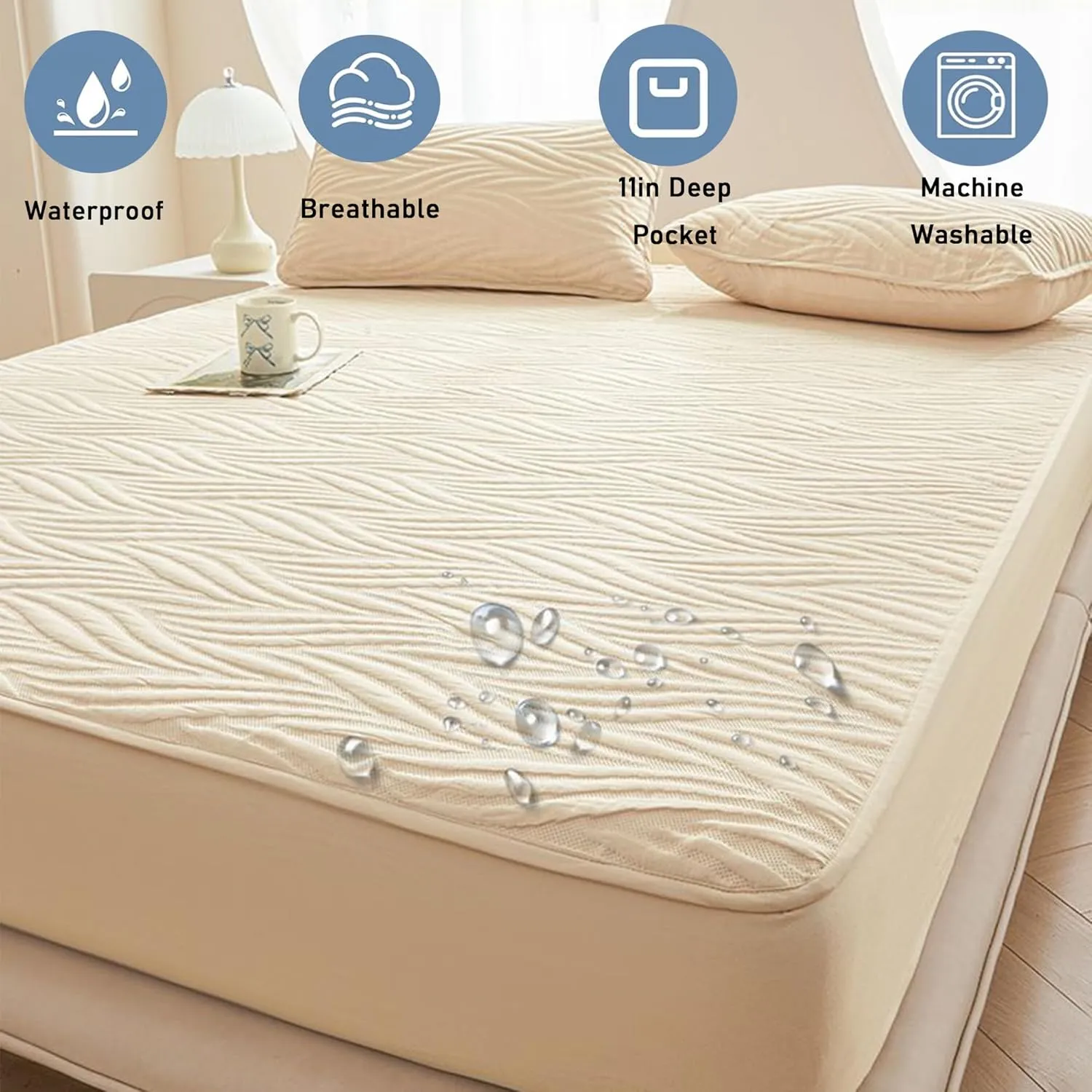 Waterproof Full Size Mattress Protector, 11in Deep Pocket Water Ripple Mattress Cover, Breathable Noisless Mattress Protector for Bedroom, Machine Washable (B,Twin XL: 35 * 79in)