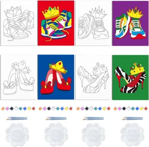 WEBEEDY 4 Pack 8x10 Pre Drawn Canvas Painting Kit Sneakers High Heel Stretched Canvas Painting for Adults DIY Painting and Sip Party Supplies Valentine's Day Birthday Gifts
