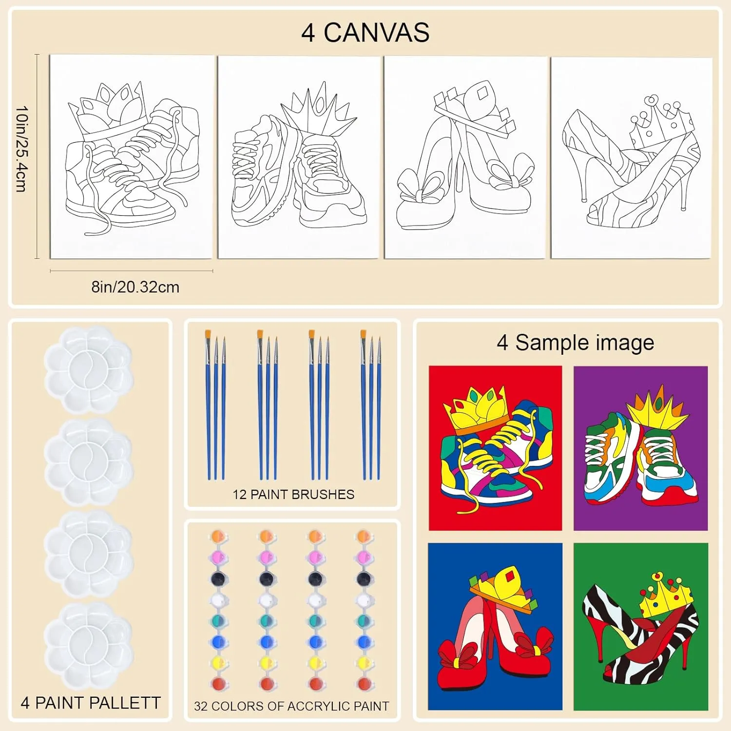 WEBEEDY 4 Pack 8x10 Pre Drawn Canvas Painting Kit Sneakers High Heel Stretched Canvas Painting for Adults DIY Painting and Sip Party Supplies Valentine's Day Birthday Gifts