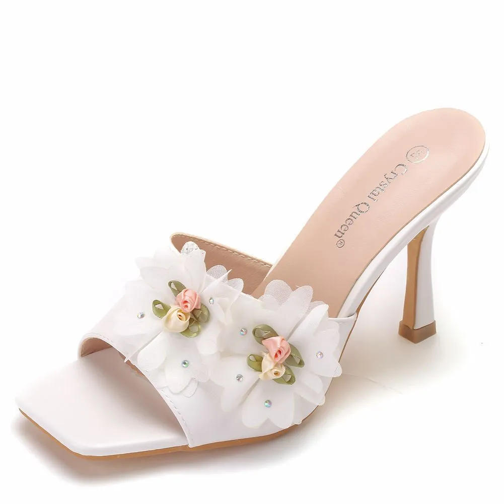 White Flower Square Slippers Shoes