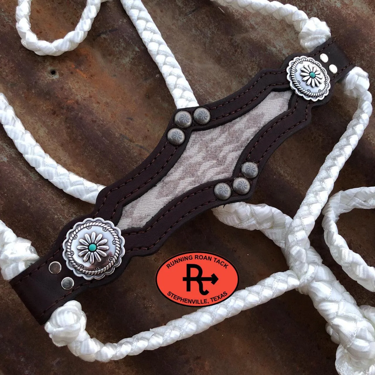 White Mule Tape Halter with Chocolate Leather Nose with Inlaid Wool and Lead