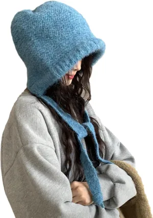 Winter Wool Knitted Hat Adjustable Drawstring Dual Purpose Earflap Hat and Knitted Bag Slouch Beanie Baggy Skull Cap