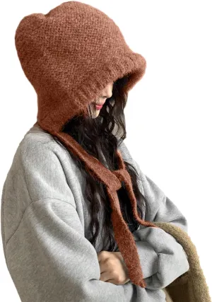 Winter Wool Knitted Hat Adjustable Drawstring Dual Purpose Earflap Hat and Knitted Bag Slouch Beanie Baggy Skull Cap