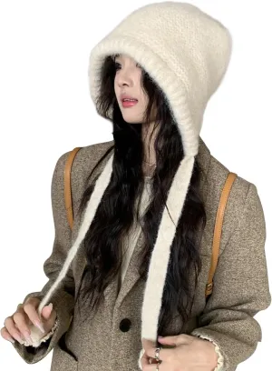 Winter Wool Knitted Hat Adjustable Drawstring Dual Purpose Earflap Hat and Knitted Bag Slouch Beanie Baggy Skull Cap