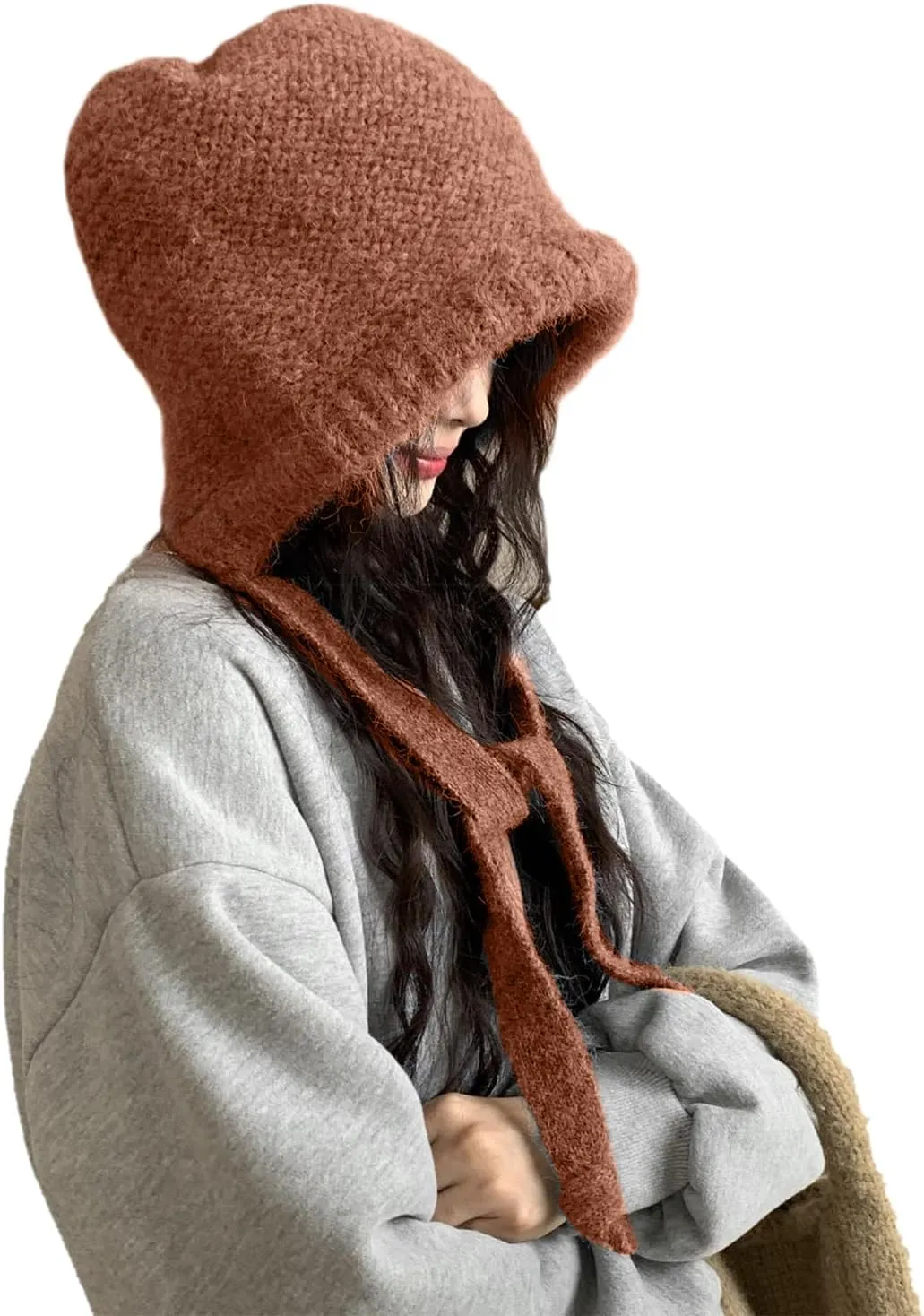 Winter Wool Knitted Hat Adjustable Drawstring Dual Purpose Earflap Hat and Knitted Bag Slouch Beanie Baggy Skull Cap