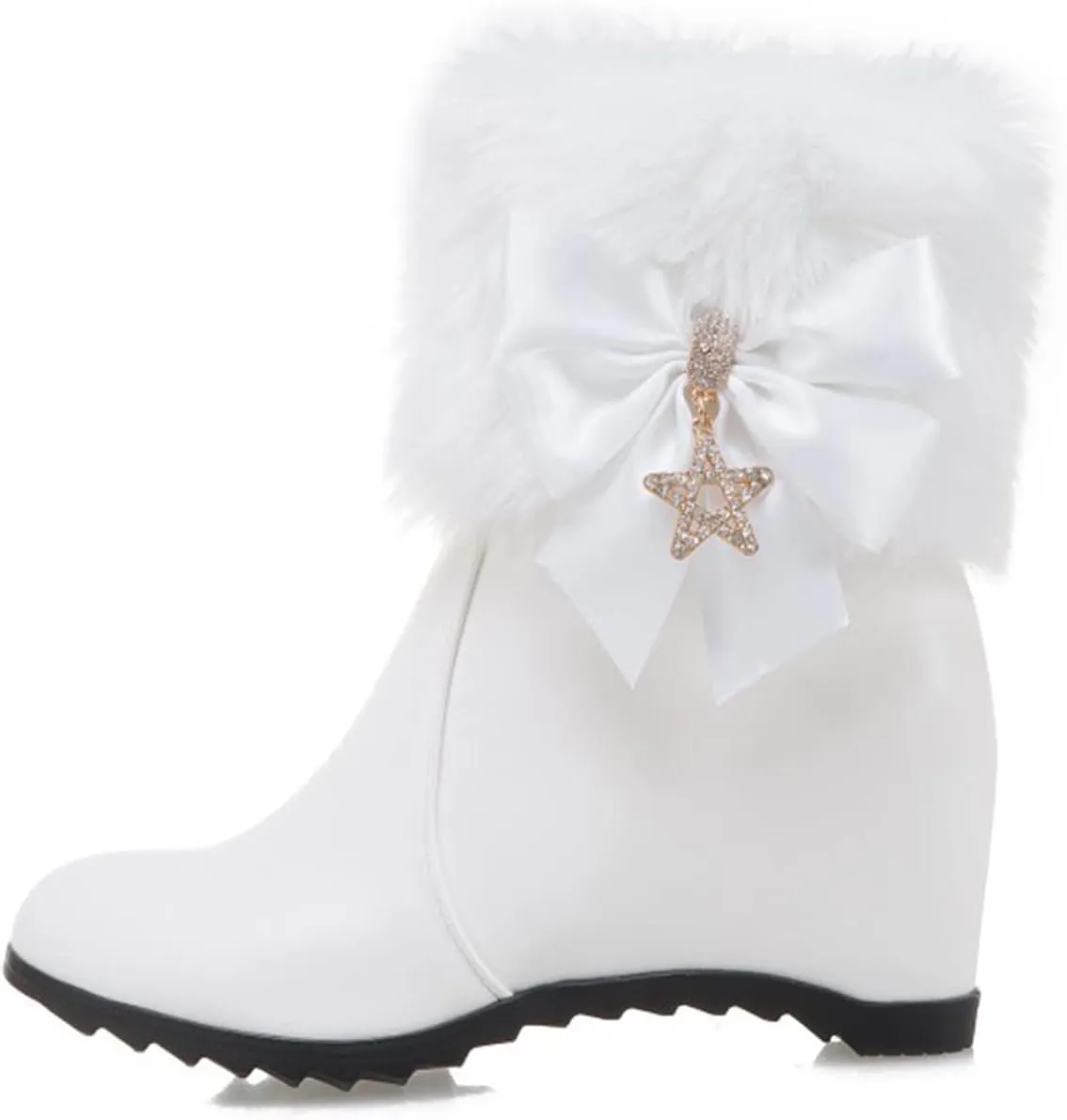 wodceeke Women's Fur Lined Ankle Boots Wedge Heel Short Booties Round Toe Side Zipper Winter Warm Leather Boots