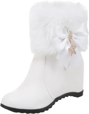 wodceeke Women's Fur Lined Ankle Boots Wedge Heel Short Booties Round Toe Side Zipper Winter Warm Leather Boots