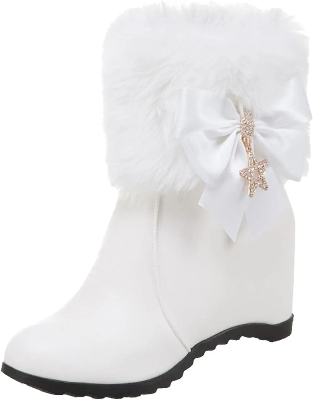 wodceeke Women's Fur Lined Ankle Boots Wedge Heel Short Booties Round Toe Side Zipper Winter Warm Leather Boots