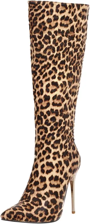 Wodceeke Women's Leopard Grey Snakeskin Animal Print Pointed Toe Stiletto Heel Boots, Casual Knee High & Over The Knee Booties for Women (Adults) Cosplay