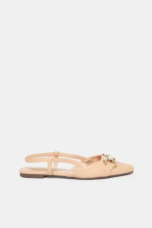 Women Beige Embellished Buckle Trim Slingback Mule