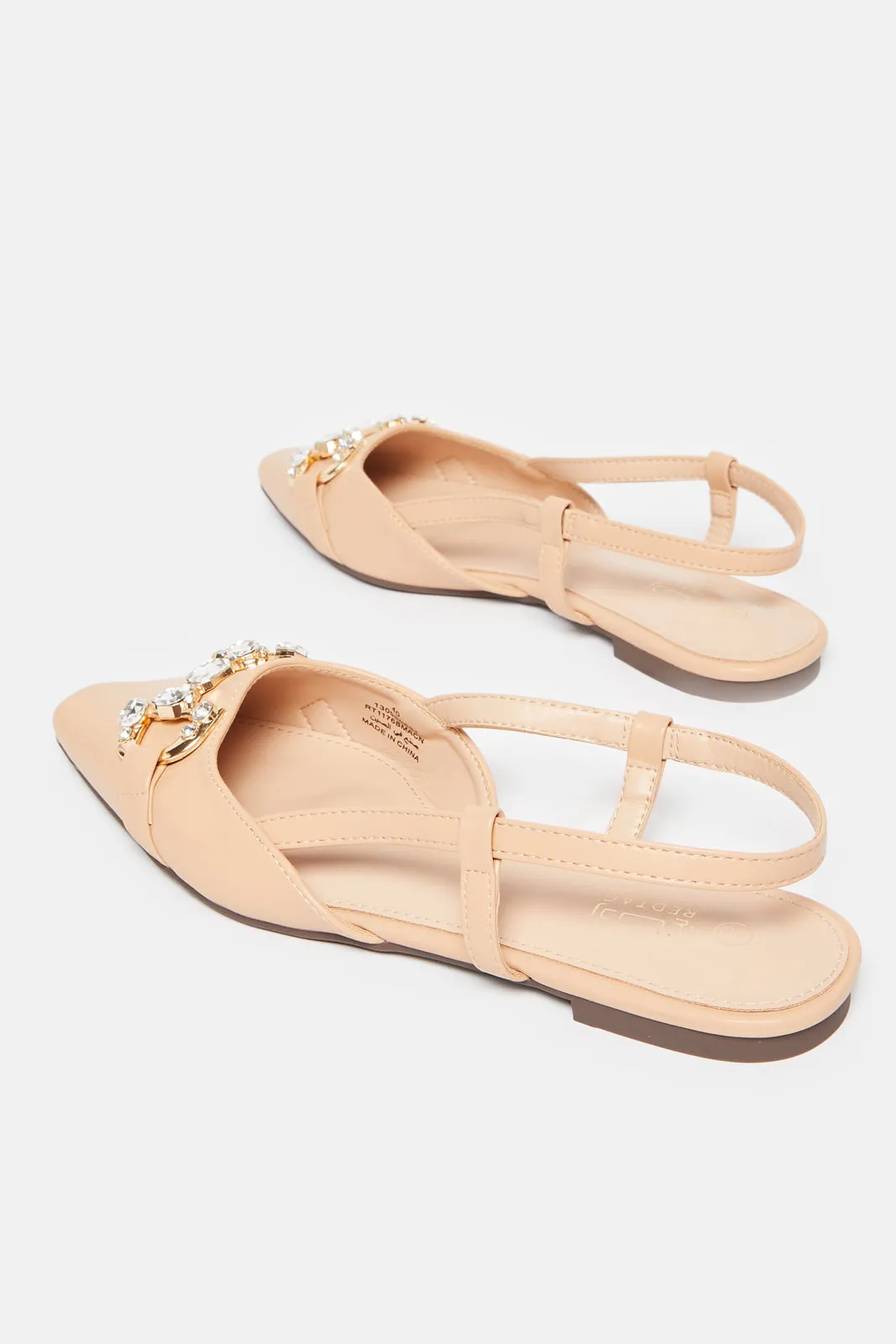 Women Beige Embellished Buckle Trim Slingback Mule