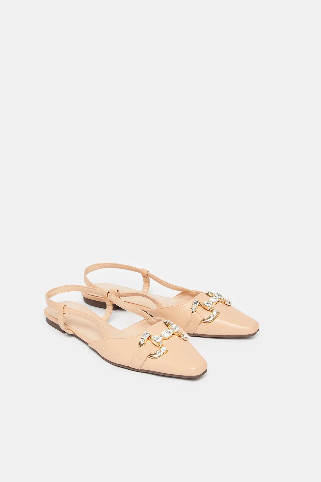 Women Beige Embellished Buckle Trim Slingback Mule
